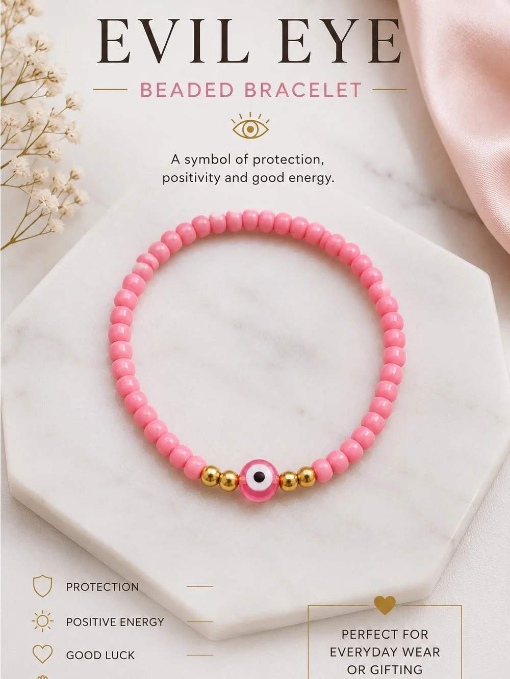 Evil Eye Pink Beaded Bracelet #23